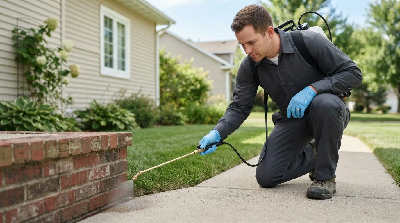 Pest control technician treating a home near Westbrook, CT
